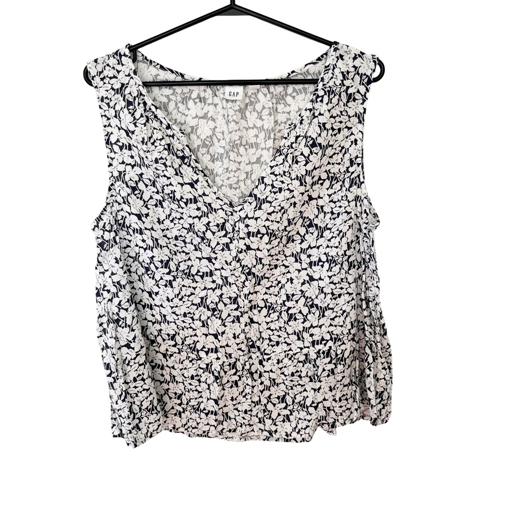GAP Navy White Floral Sleeveless‎ Split Neck Blouse M - Picture 2 of 8